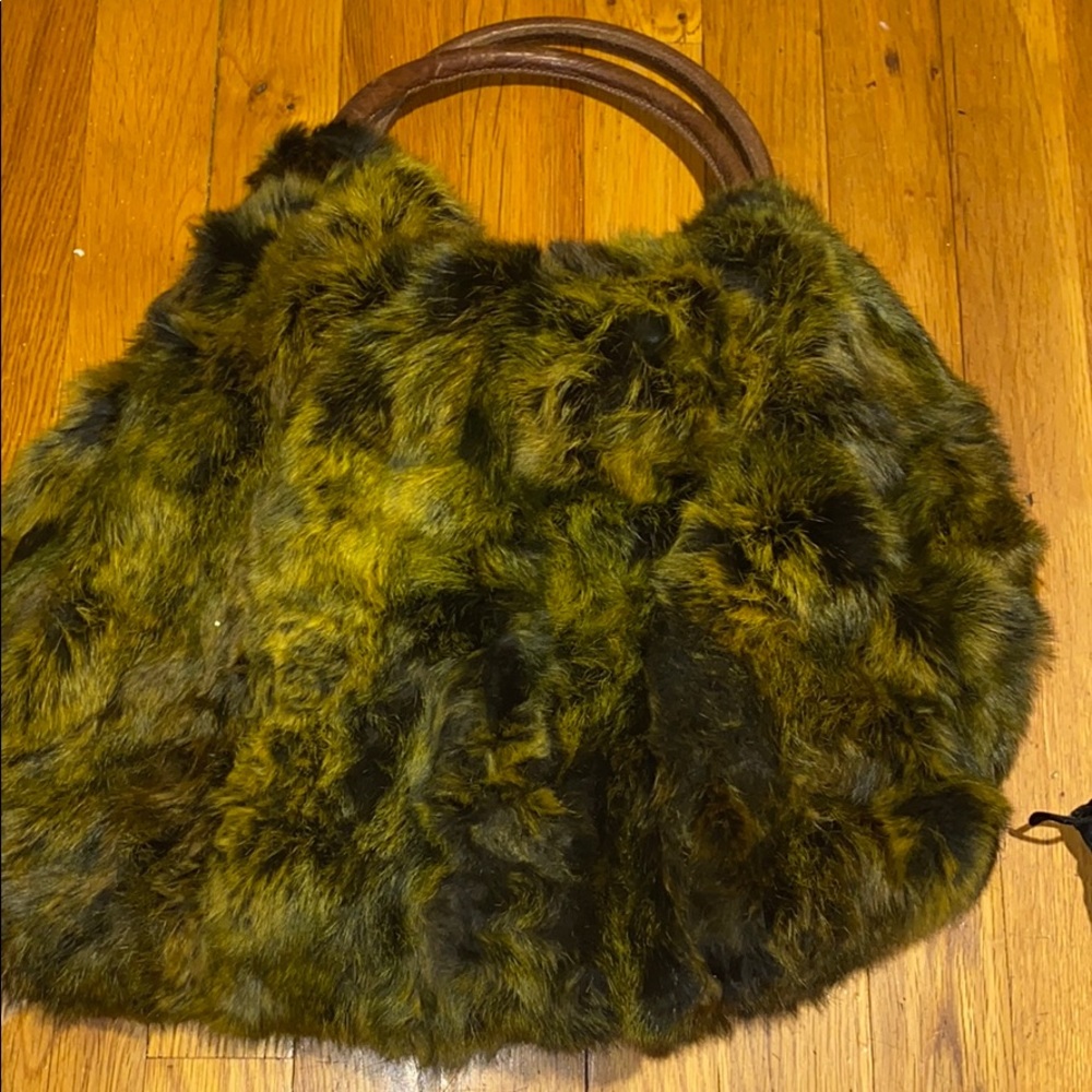 Green real fur bag w/ brown leather handle!